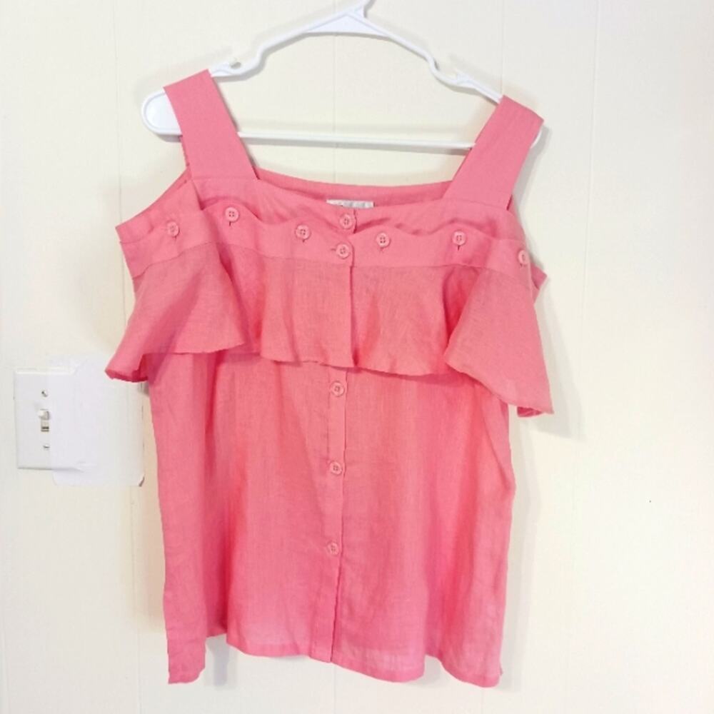 JSong collection vintage 100% linen coral pink off shoulder top. …